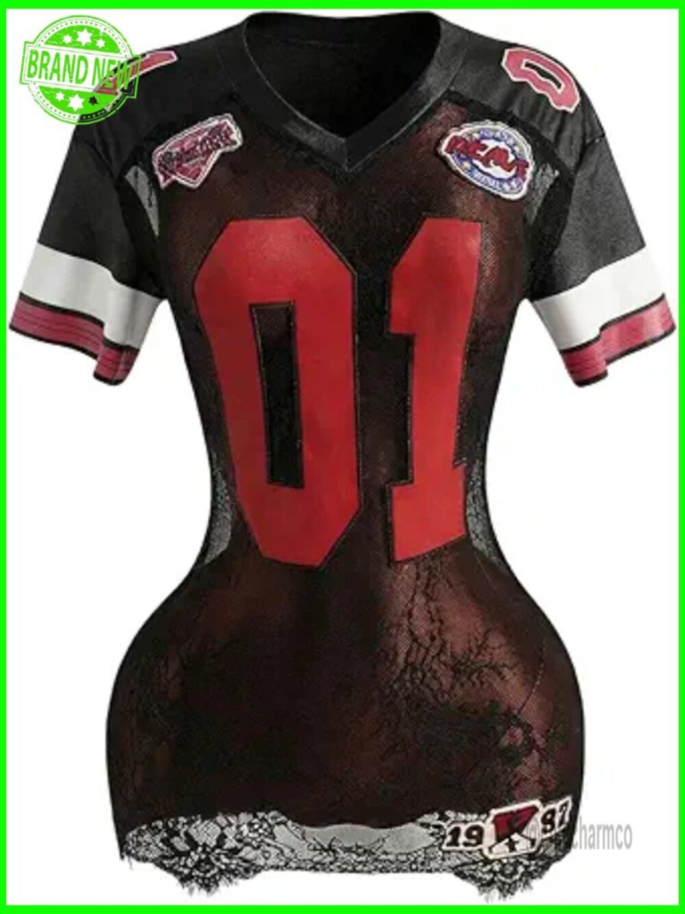 Lace Sheer Graphic Jersey Bodycon Mini Dress Y2K Short Sleeve V Neck